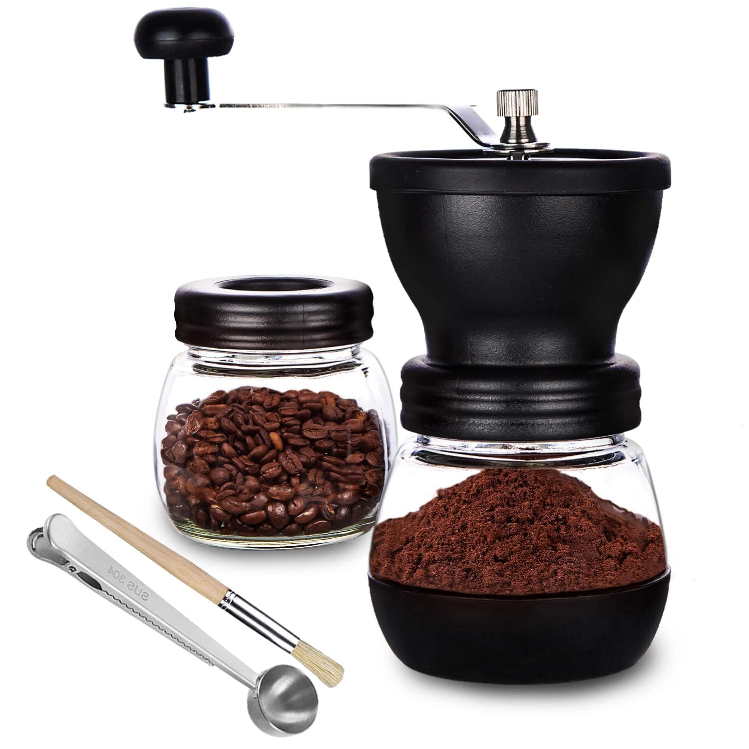 PARACITY Manuelle Kaffeemühle mit Keramikmahlwerk, kleine Handkaffeemühle mit 2 Glasbehältern (312 ml pro Behälter), Edelstahlgriff für Filterkaffee, Espresso, French Press, türkischen Aufguss