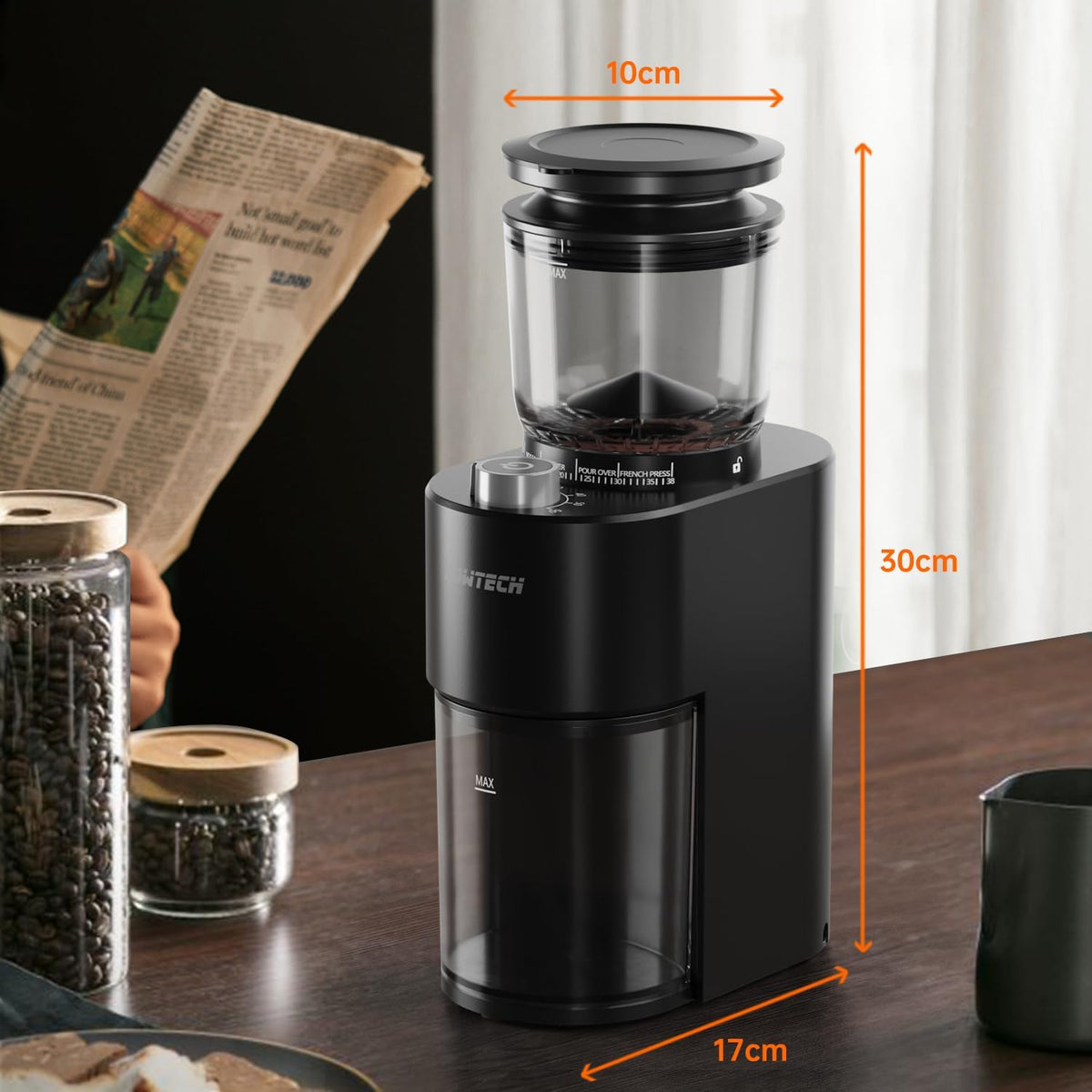 SOWTECH Anti-static Conical Burr Coffee Grinder, Adjustable Electric Mill, 38 Precise Grind Settings, Precision Timer, for Espresso, Drip and French Press, Black