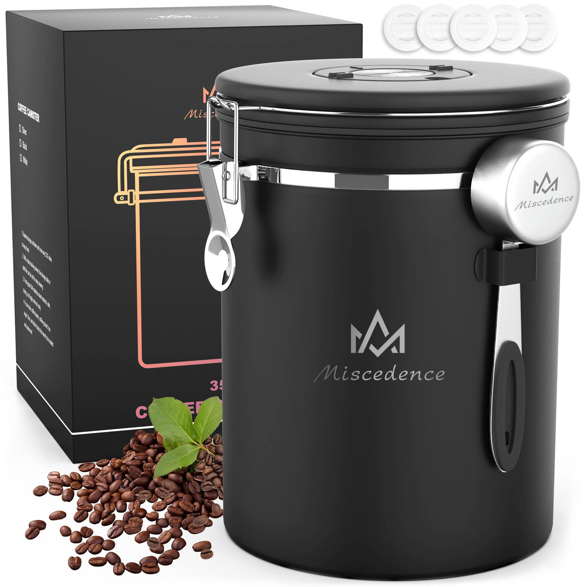 Miscedence 35OZ Coffee Canister for ground coffee with Date Tracker,One Way Co2 Valve 304 Stainless Steel Kitchen Food Airtight storage container for Coffee Beans or Grounds, Sugar Black