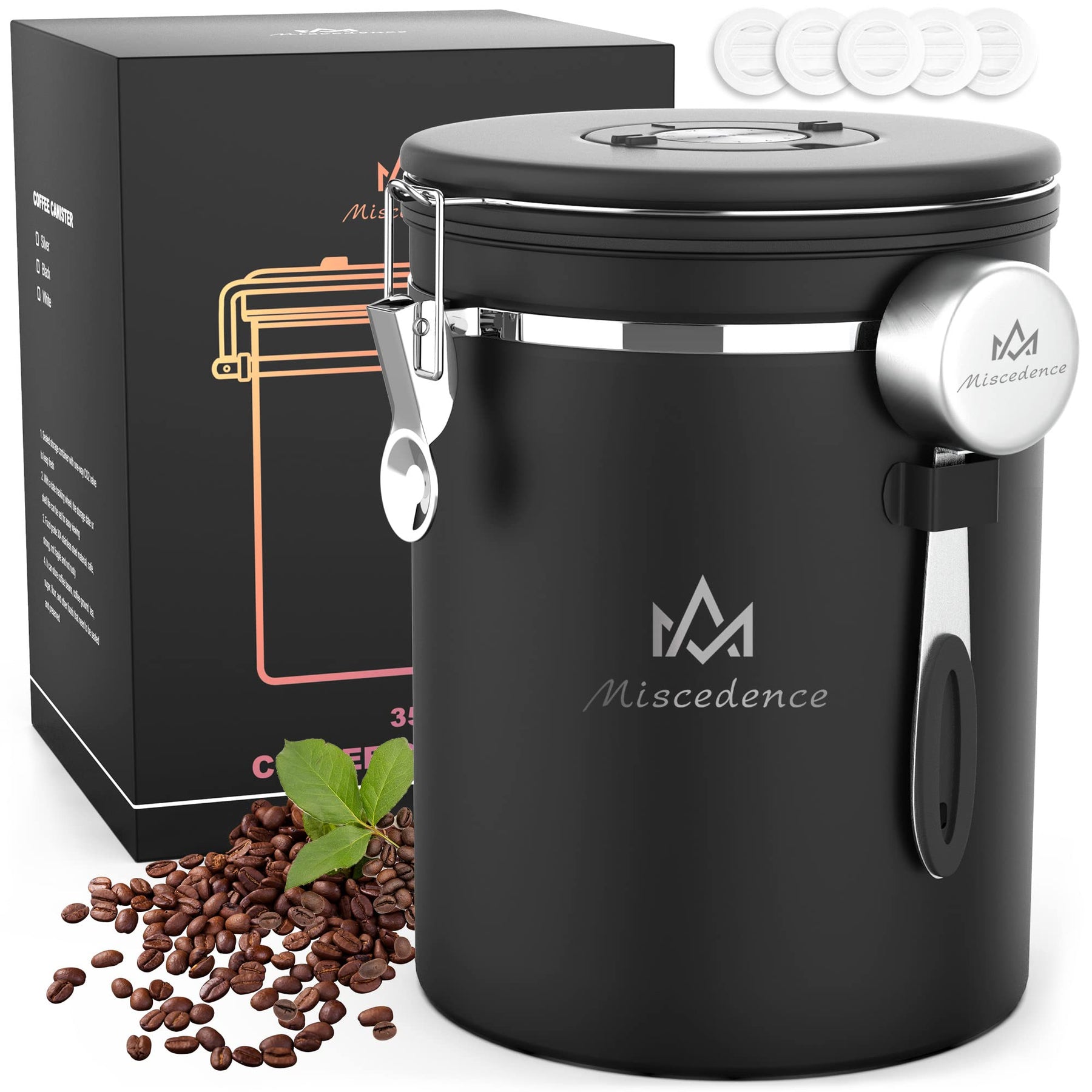 Miscedence 35OZ Coffee Canister for ground coffee with Date Tracker,One Way Co2 Valve 304 Stainless Steel Kitchen Food Airtight storage container for Coffee Beans or Grounds, Sugar Black