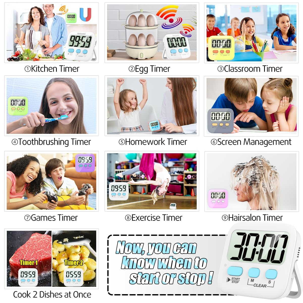 Antonki Digitaler Timer für Kinder, magnetischer Countdown-Küchentimer zum Kochen, Eierkochen, Klassenzimmer, Lehrer, Sport, Studium, Ofen, Batterie im Lieferumfang enthalten, 2er-Pack