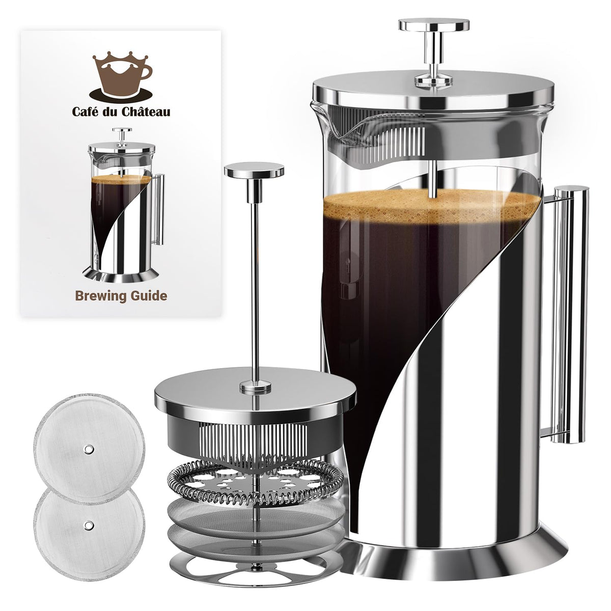 Cafe Du Chateau Stainless Steel French Press Coffee Maker - 34oz Insulated Coffee Press with 4-Level Filtration, BPA Free, Durable Glass, Great for Tea