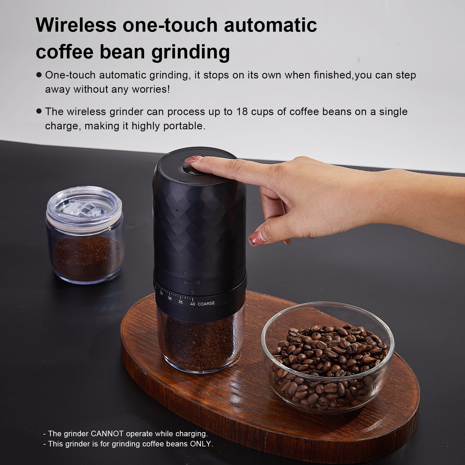 Saraudy Portable Burr Coffee Grinder Electric with 40 Adjustable Grinder Settings, Conical Burr Rechargeable Coffee Bean Grinder with Cleaner Brush, Ground Coffee Cup Lid, for Home Use, Travel Camping