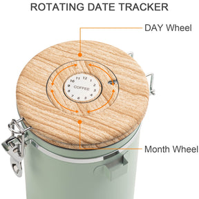 TEDSWAIT Kaffeedosen, luftdichter Vorratsbehälter für Kaffeebohnen, Edelstahl, Lebensmittelbehälter für die Küche, mit Messlöffel, Datumsanzeige und CO2-Ventil, 1,8 l (grün)