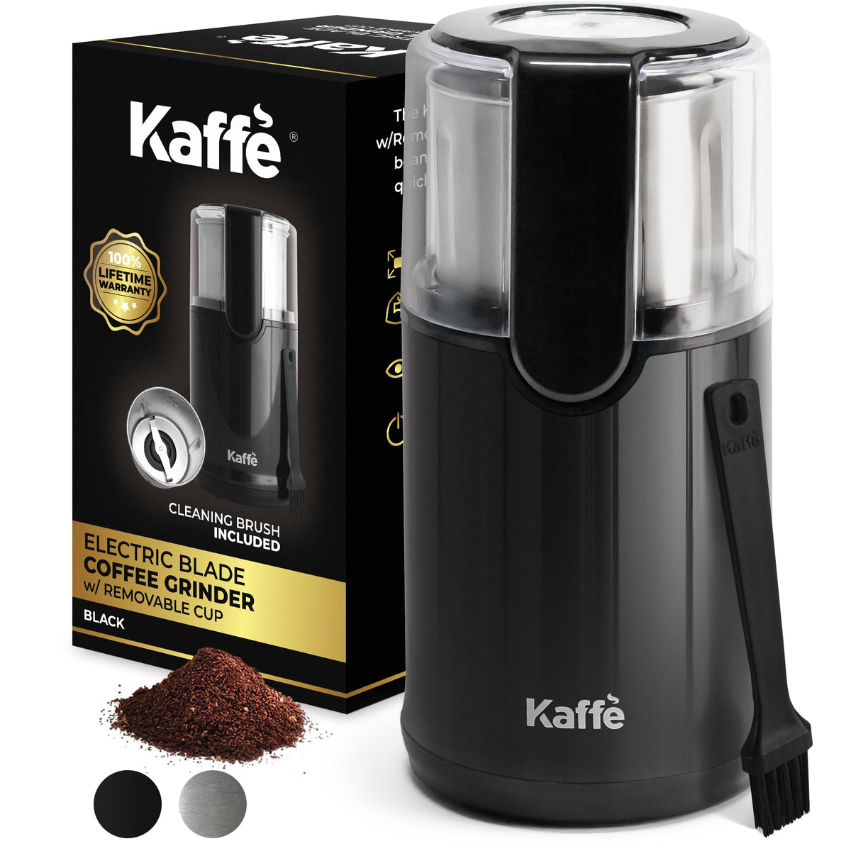 Elektrische Kaffeemühle von Kaffe mit abnehmbarer Tasse (3,5 oz) – Schwarz – Reinigungsbürste inklusive – Espresso-Kaffeebohnenmühle für den Heimgebrauch