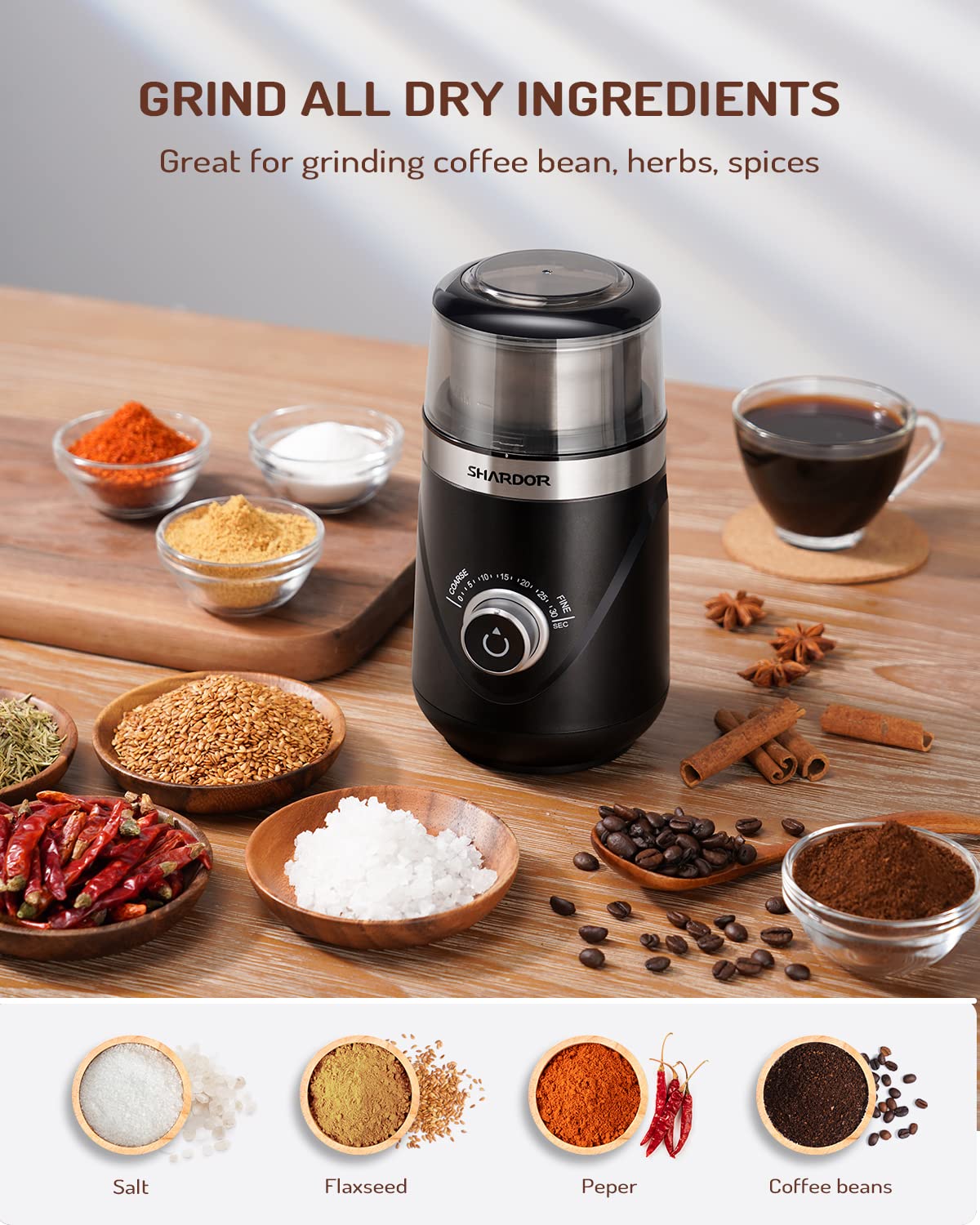 SHARDOR Adjustable Coffee Bean Grinder Electric, Herb/Spice Grinder, Espresso Grinder with 1 Removable Stainless Steel Bowl, Black