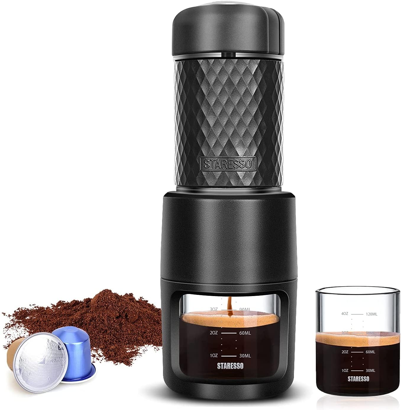 STARESSO Klassische tragbare Espressomaschine, 2-in-1-Reisekaffeemaschine, kompatible Kapseln und gemahlenen Kaffee, manuelle Espressomaschine, Handpresse-Kaffeemaschine für Küche, Reisen, Camping, Wandern