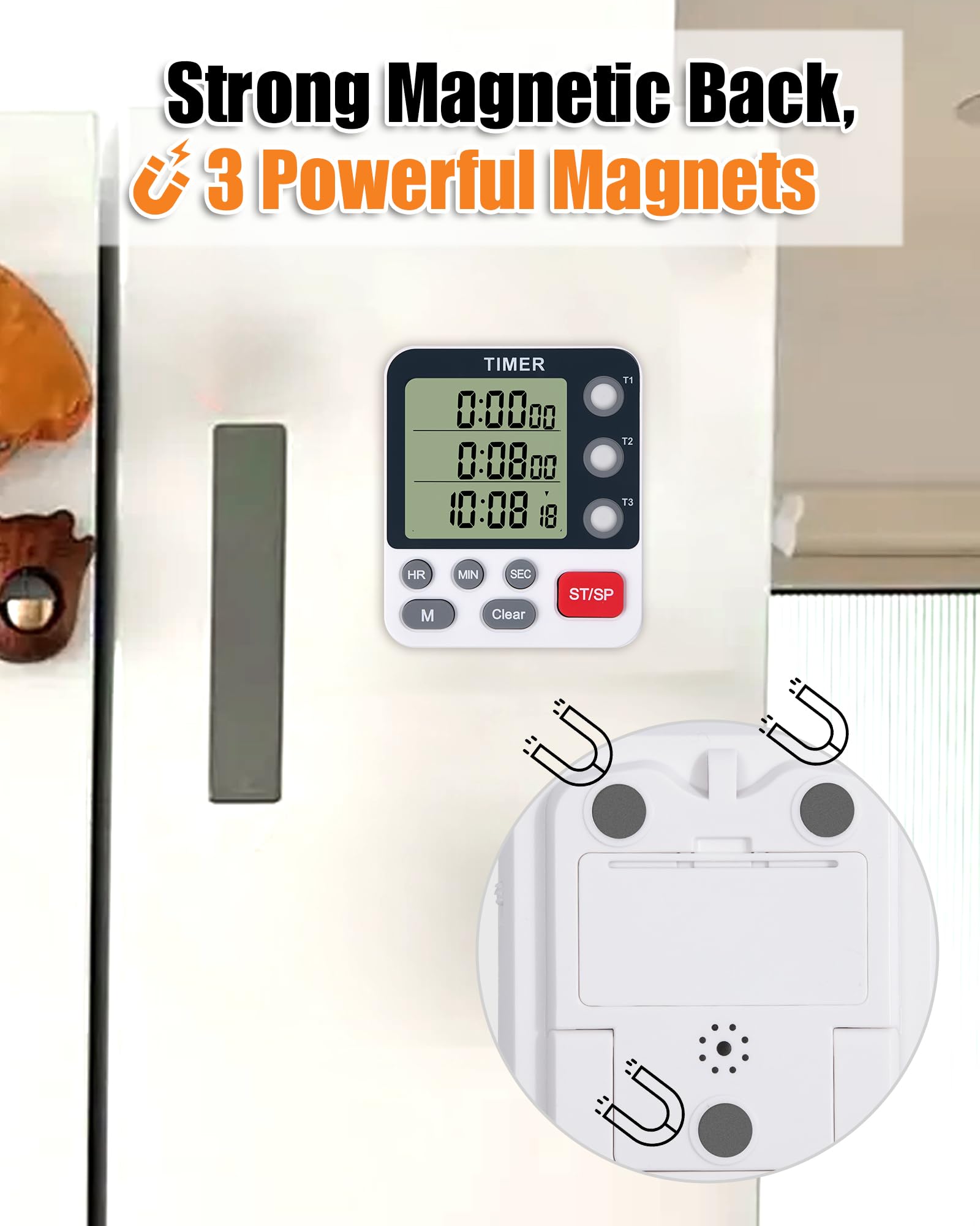 TPNEG Dual Kitchen Timer Digital - 3 Channel Timer for Cooking with Alarm, Large Display, Magnetic Back, Replaceable 3A Battery, Loud Food Timer, Modern White Design for Multi Timing Needs