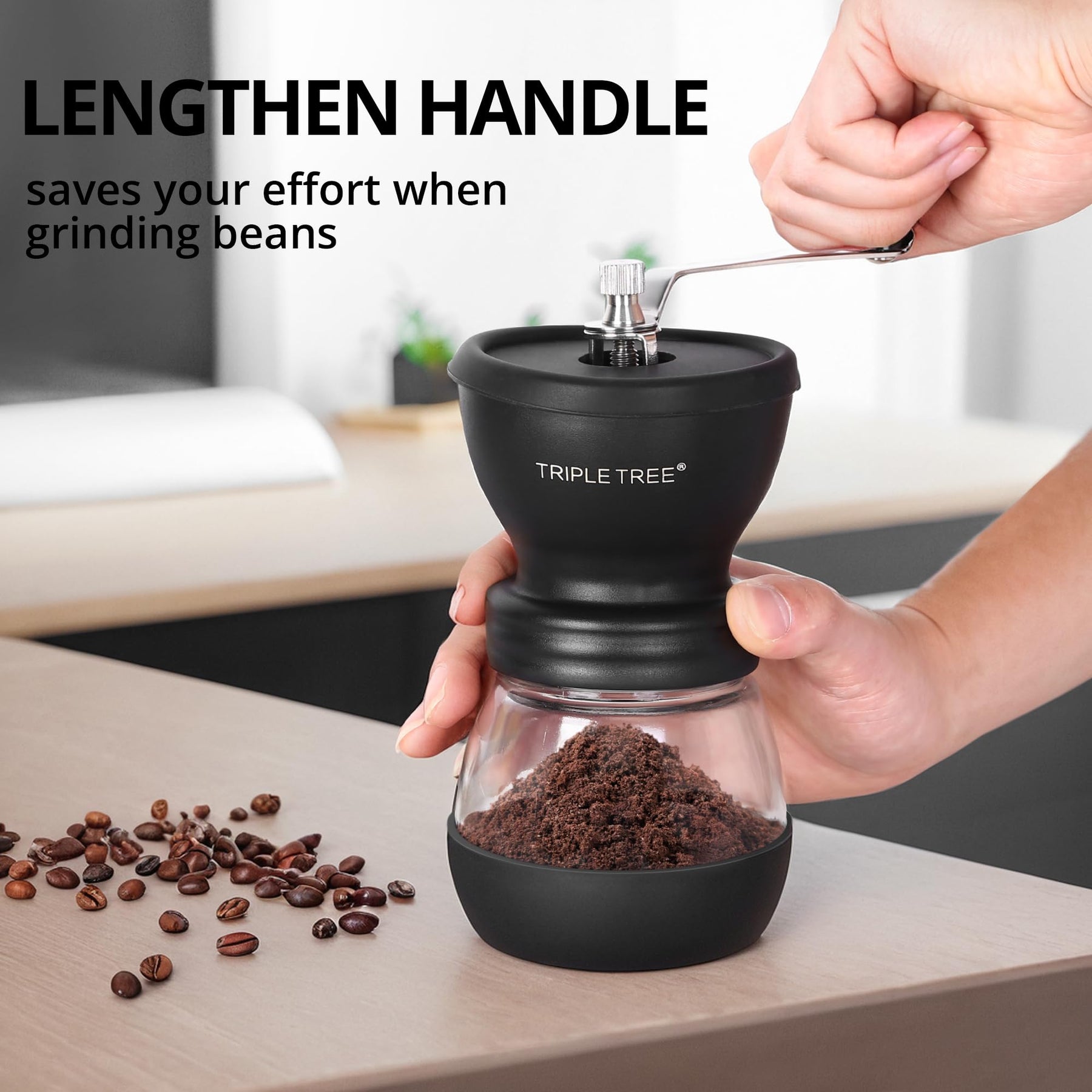 Manual Coffee Grinder with Ceramic Burrs and Lengthen Stainless Steel Handle, Hand Coffee Mill with 2 Glass Jars(11oz each), Brush and Tablespoon Scoop, Coffee Bean Grinder for Home, Camping, Black