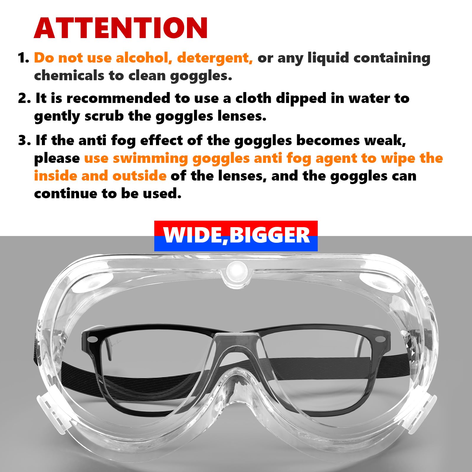 Super More Anti-Fog Protective Safety Goggles Clear Lens Wide-Vision Adjustable Chemical Splash Eye Protection Soft Lightweight Eyewear