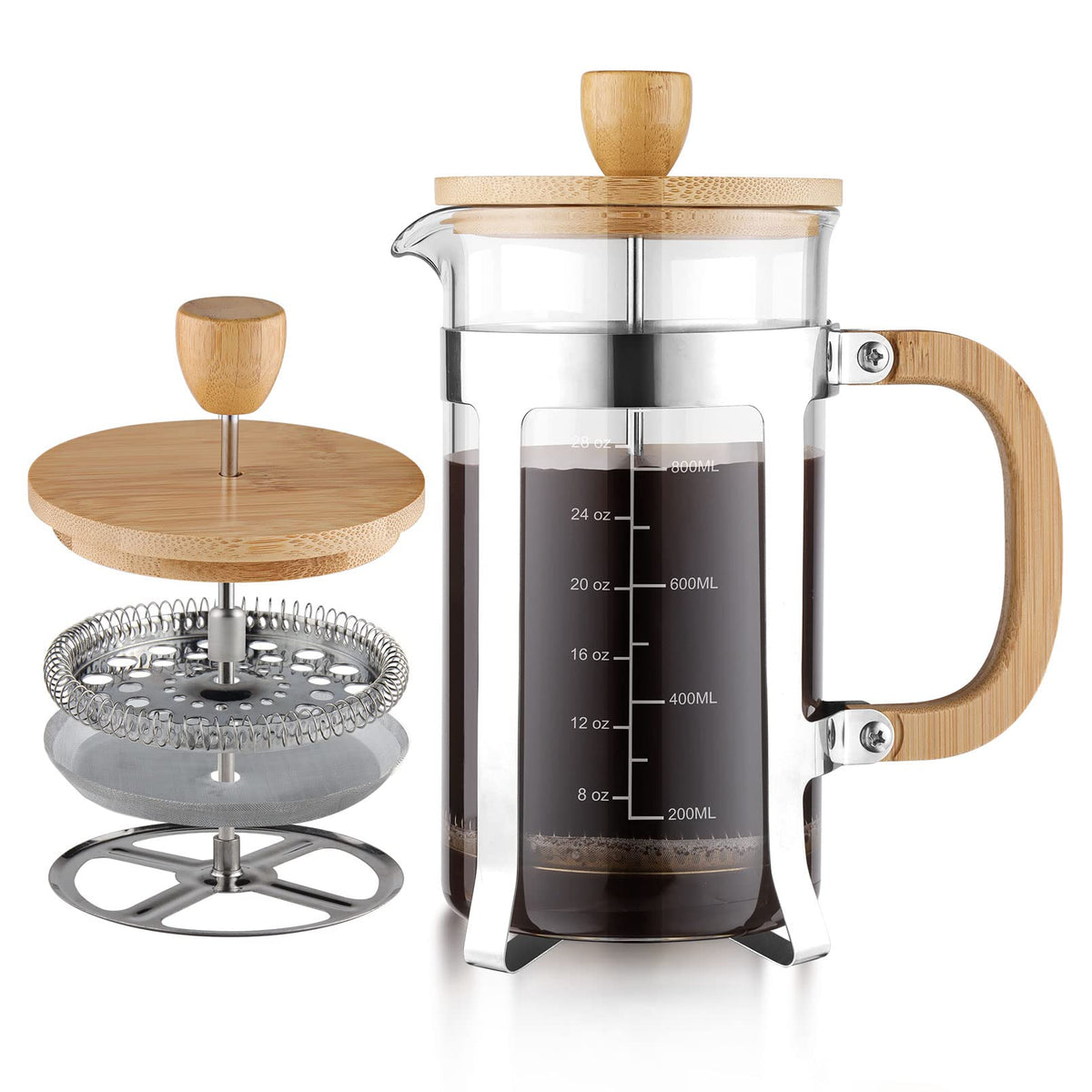 Sivaphe 34 oz French Press Kaffee-/Teebereiter mit Bambusdeckel und Hand-Edelstahl, Borosilikatglas, 1000 ml Kaffeebrühset