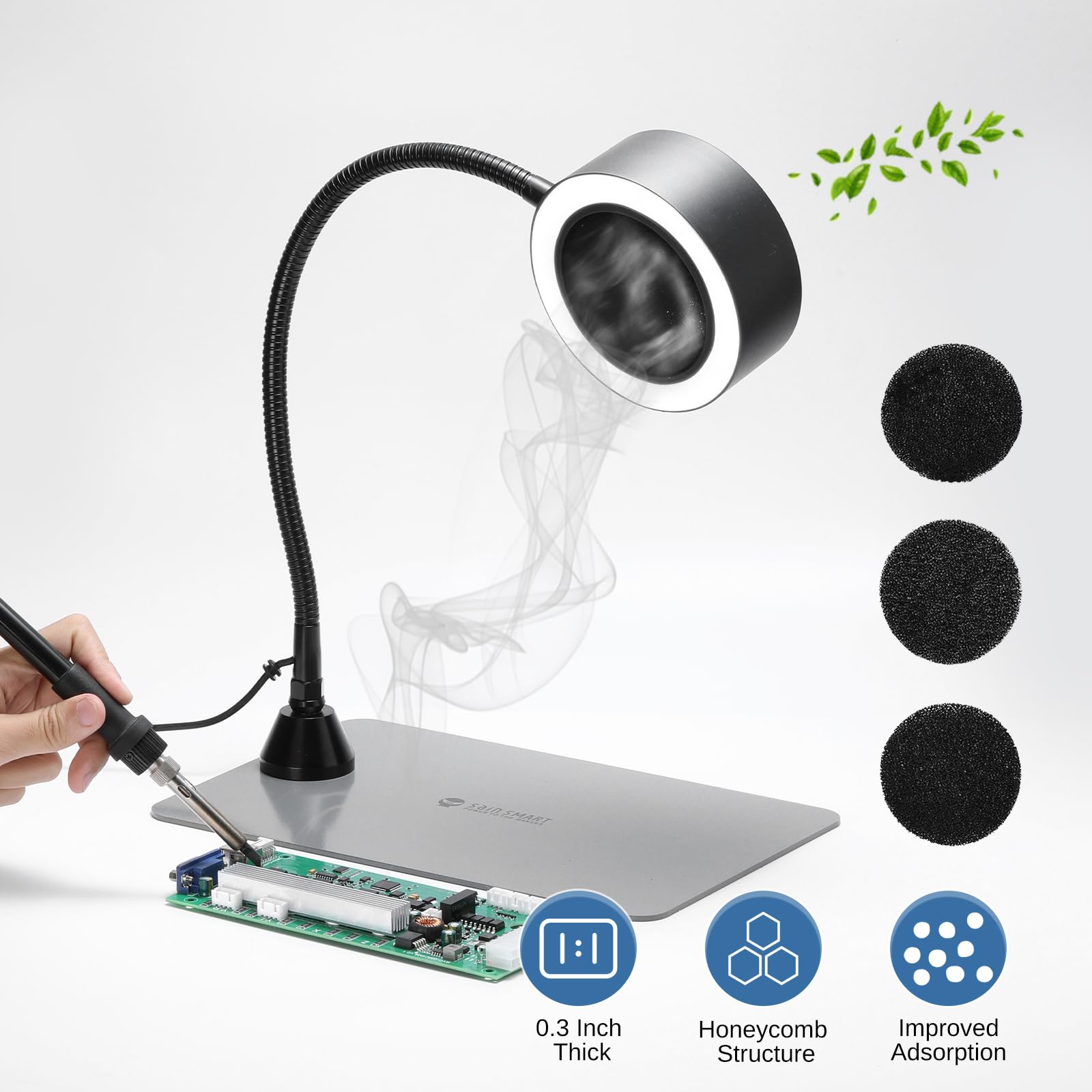 SainSmart Portable Fume Extractor Fan with LED Lights, Memory Stainless Steel Gooseneck & Replaceable Table Clamp, Magnetic Solder Smoke Absorber for Soldering DIY Working Station