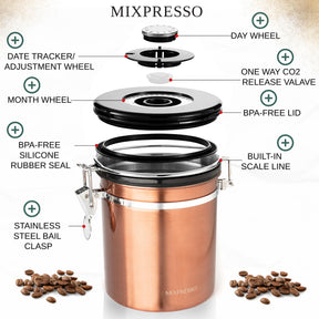 Mixpresso Bronze Stainless Steel Airtight Coffee Container with Date Tracker For Coffee & Tea, Vacuum Sealed Airtight Container, Coffee Jar 16 Ounces, Coffee Grounds Container, Coffee Tin