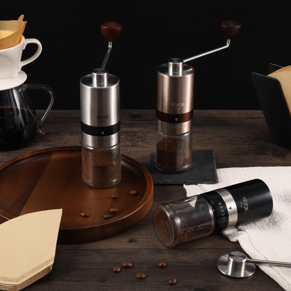 VEVOK CHEF Manuelle Kaffeemühle, Handkaffeemühle, 6 externe einstellbare Einstellungen, Edelstahl, konische Mahlwerk-Kaffeemühle, tragbare Handkurbel-Kaffeebohnenmühle, fein für Espresso