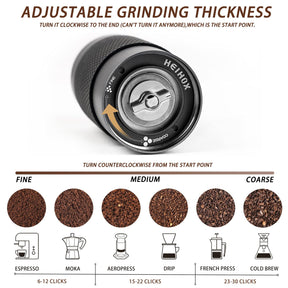 Manual Coffee Grinder - HEIHOX Hand with Adjustable Conical Stainless Steel Burr Mill, Capacity 30g Portable Mill Faster Grinding Efficiency Espresso to Coarse for Office, Home, Camping