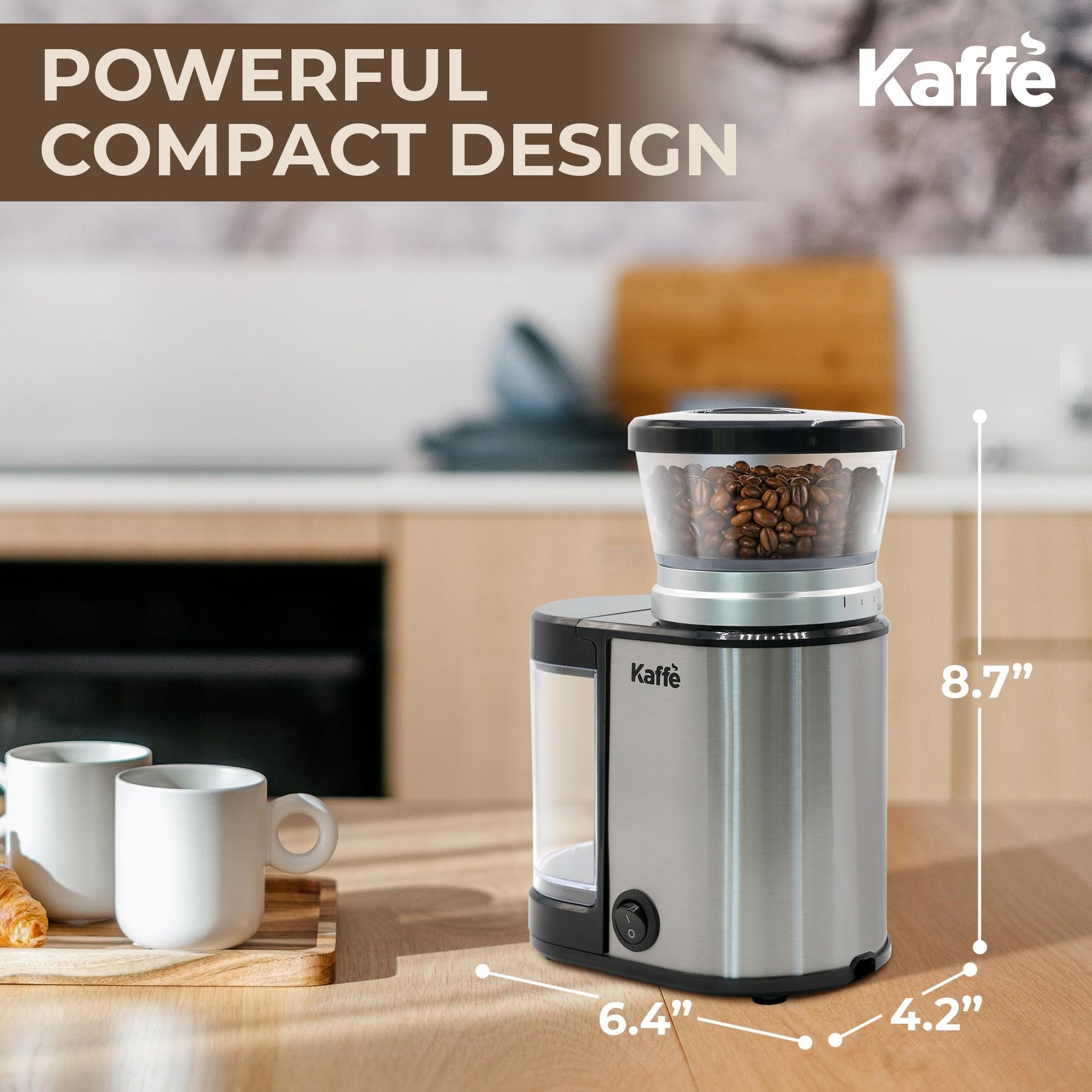 Kaffe Electric Burr Coffee Grinder (5.5oz) w/Adjustable Precise Coarseness Settings - Flat Burr - [Improved Motor] - Precision Coffee Bean Grinder for Home Use - Stainless Steel