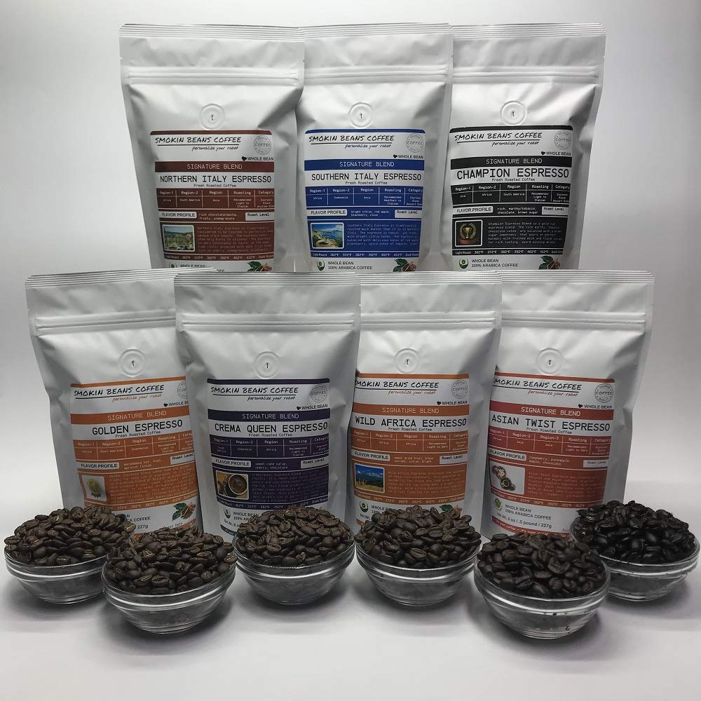 7 Espresso Blends Combo Bean Box (Fresh Roasted Coffee) 7 bags 8oz each roasted-to-order daily various roasts whole bean we can grind, provide lighter or darker roast upon request message at checkout