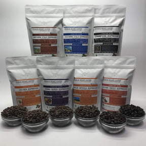 7 Espresso Blends Combo Bean Box (Fresh Roasted Coffee) 7 bags 8oz each roasted-to-order daily various roasts whole bean we can grind, provide lighter or darker roast upon request message at checkout