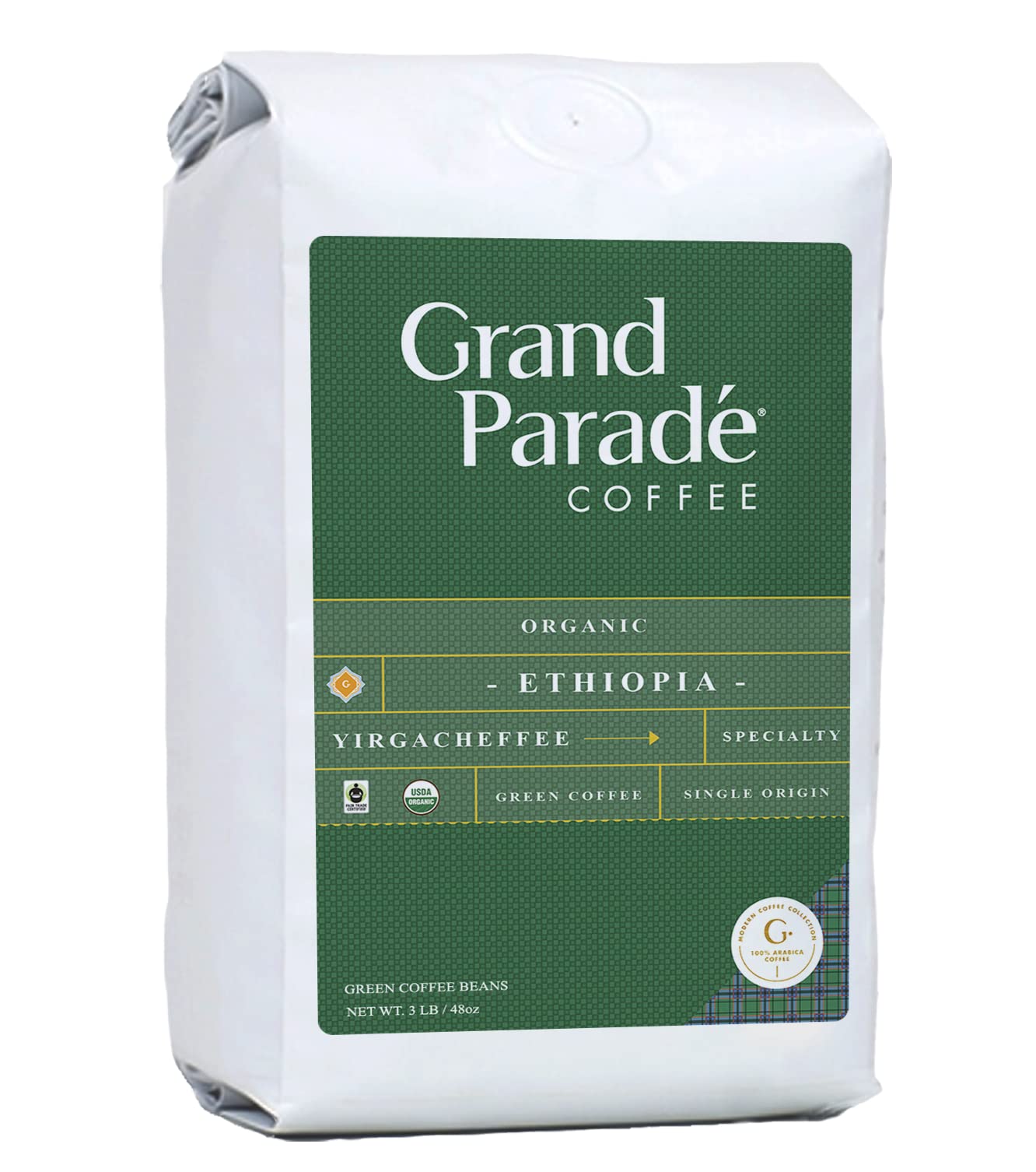 Grand Parade Coffee, 3 Lbs Organic Ethiopian Yirgacheffe Unroasted Green Coffee Beans, Low Acid Single Origin, Natural Grade 1 Specialty Arabica - Fair Trade