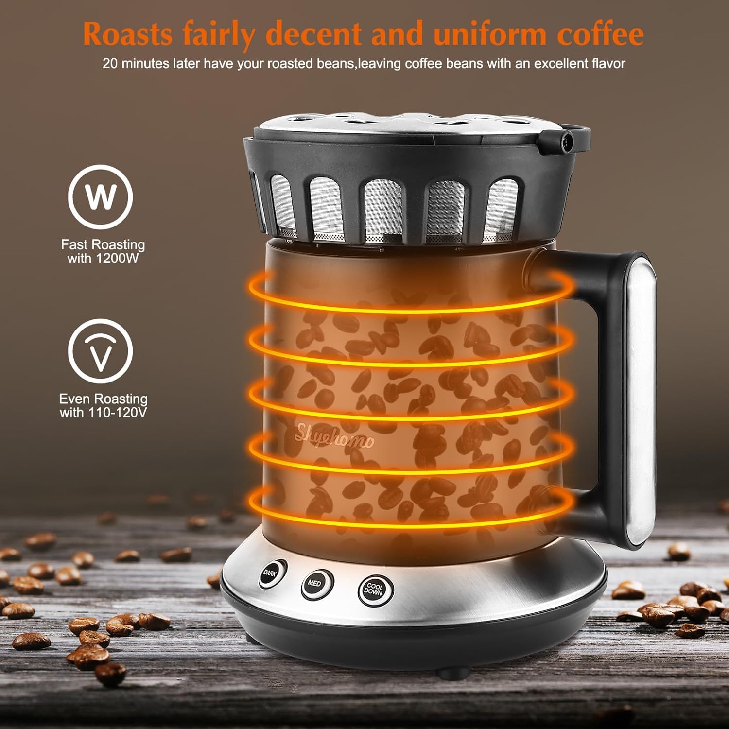 HOMOKUS Coffee Roaster Machine for Home Use - Two Baking Modes (Med and Dark) - One-Touch Control - Cooling Mode Included