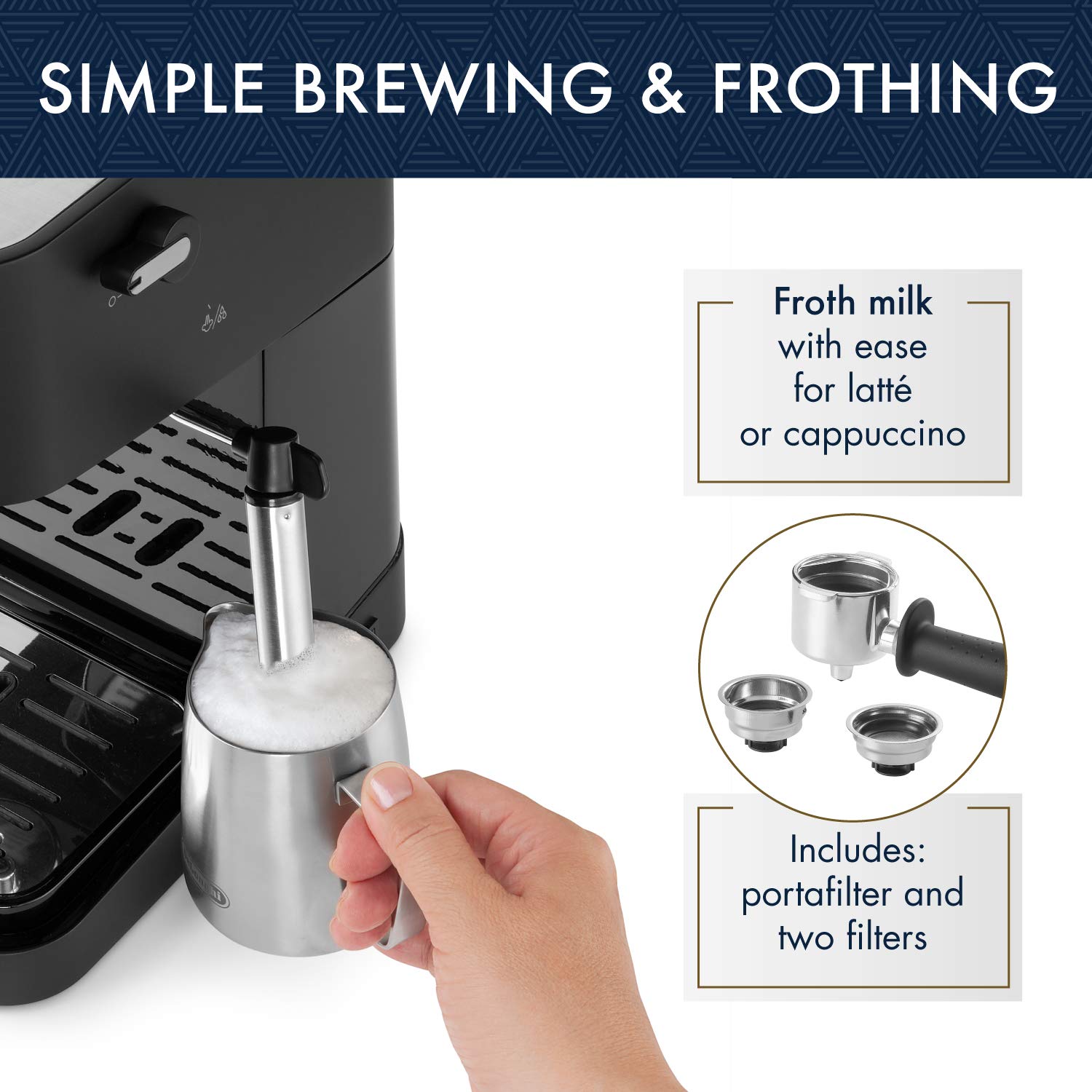 De'Longhi Manual Espresso Machine with 15 Bar Pump, Milk Frother, and 2 Thermo Espresso Glasses