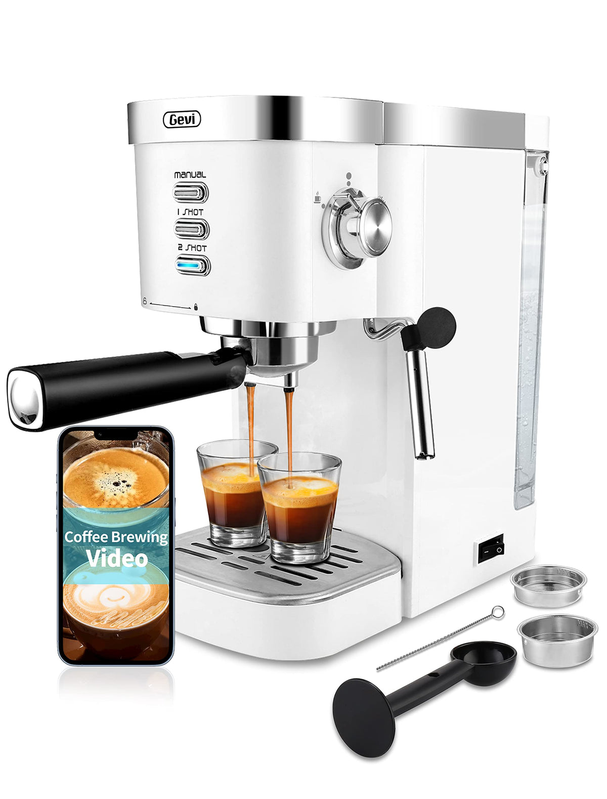 Gevi Espressomaschinen, 20 Bar, schnelles Aufheizen, kommerzielle automatische Cappuccino-Kaffeemaschine mit Milchaufschäumer für Espresso, Latte Macchiato, 1,2 l abnehmbarer Wassertank