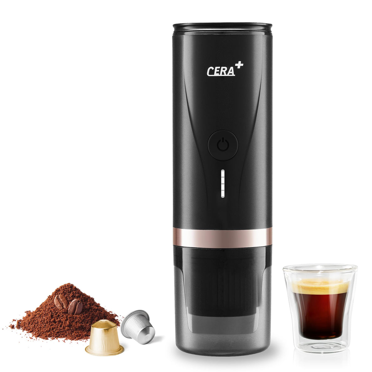 CERA+ Portable Espresso Maker,Self-Heating Electric Mini Coffee Machine,20 Bar Pressure Compatible with NS Pods & Fine Grind for Travel, Camping, Hiking,Ideal Gifts for Birthday,Valentines Day(Black)