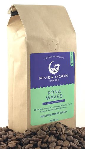 River Moon Coffee, Kona Coffee Whole Bean, Medium Roast, 16 Ounce, Kona Waves Hawaiian Blend, Sustainably Farmed, 100% Arabica