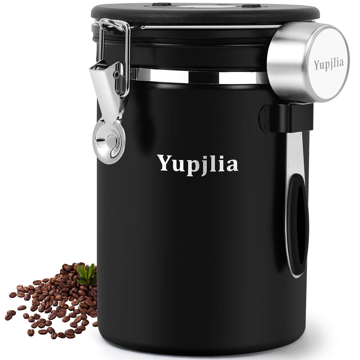 Yupjlia コーヒーキャニスター、プレミアム 22 オンス 大型ステンレススチール コーヒー豆保存容器 密閉蓋付き エレガントなブラック コーヒー粉容器 データトラッカーとスクープ付き お茶、砂糖、小麦粉用