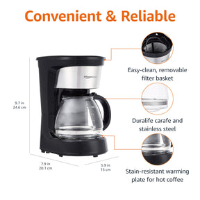 Amazon Basics Coffee Makers, 5-Cup Coffee Machines with Reusable Filter, Coffee Pots, Black & Stainless Steel