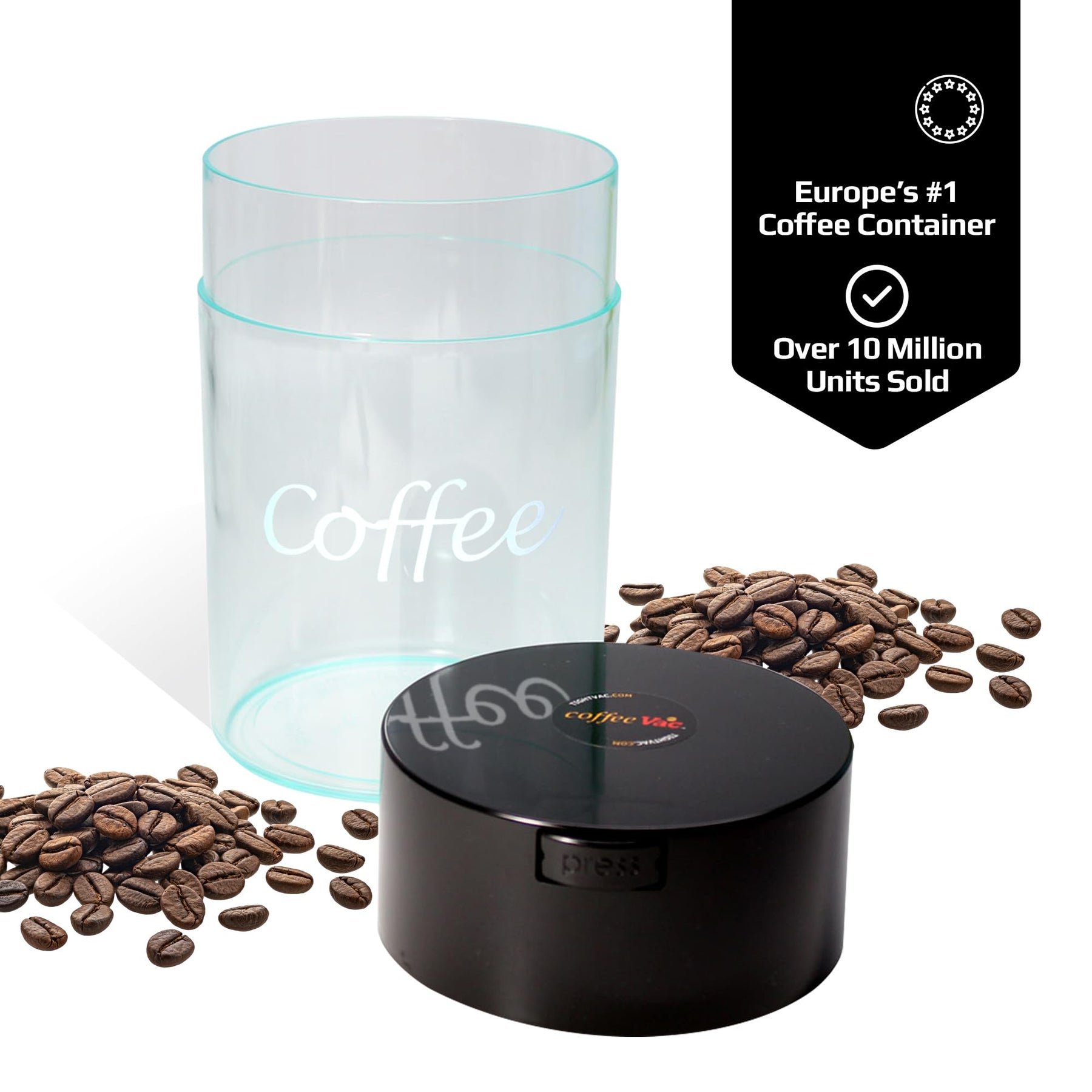 Coffeevac 1LB – Patented Airtight Container | Multi-use Vacuum Container Works as Smell Proof Containers for Ground Coffee and Coffee Bean Containers. Black Cap and Clear Body with Logo