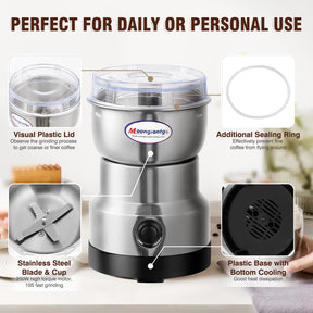 Moongiantgo Coffee Grinder Electric, Mini Spice Grinder, 200W 10s Fast Grinding, Dry Grain Mill for Spices Seeds Rice Beans Seasonings, with Replacment Stainless Steel Blade (Silver, 110V)