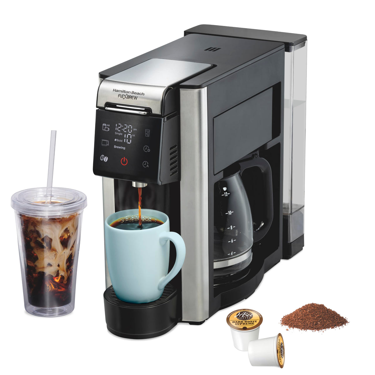 Hamilton Beach FlexBrew アドバンス 5-in-1 プログラム可能 12 カップ ドリップおよびシングルサーブ ホット&amp;アイス コーヒーメーカー 可動式 60 オンス 水タンク付き ポッドパックと粉を使用 高速抽出 ブラック (49924)