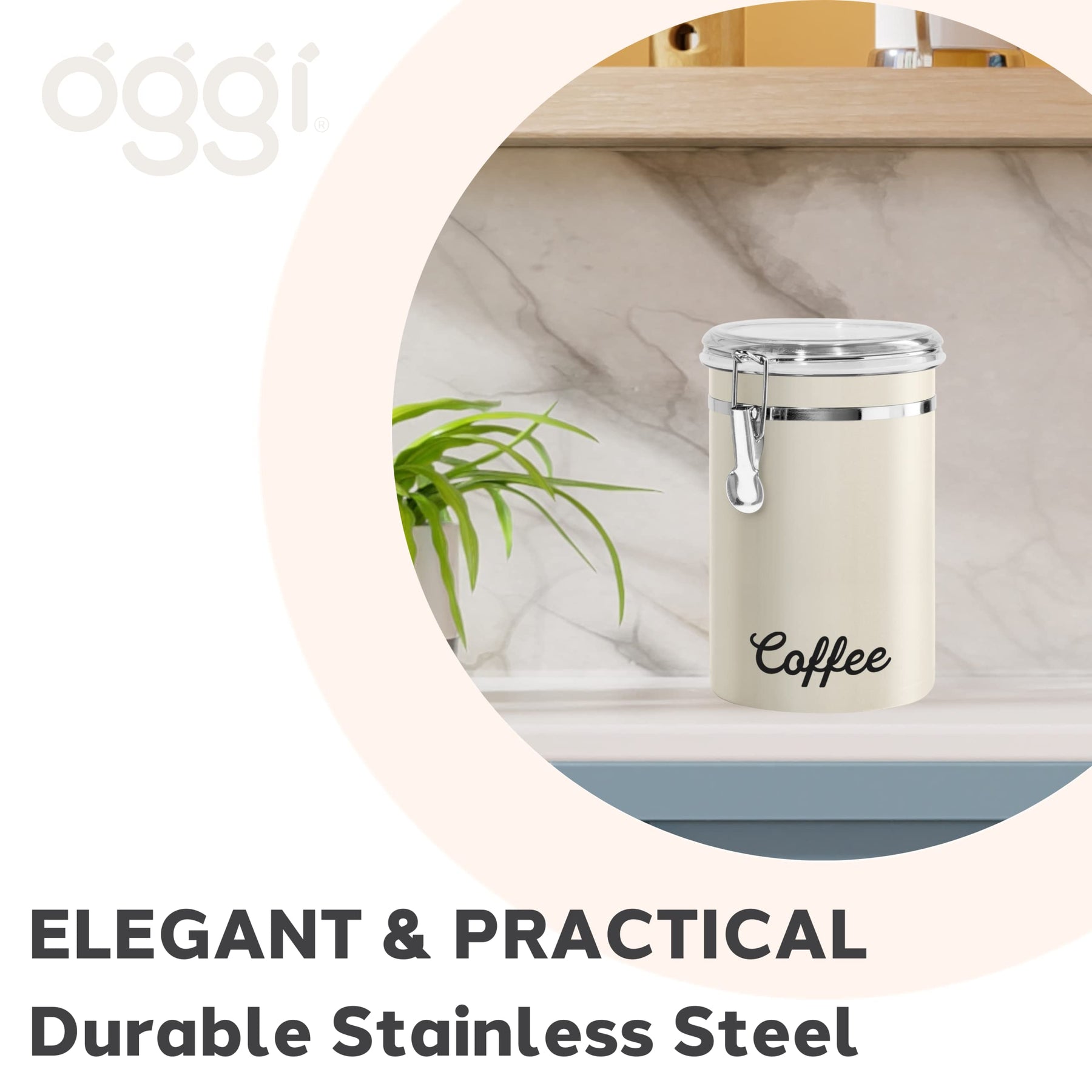 Oggi Stainless Steel Coffee Canister 62 fl oz - Airtight Clamp Lid, Warm Gray, Tinted See-Thru Top - Ideal for Coffee Bean Storage, Ground Coffee Storage, Kitchen Storage, Pantry Storage. 5 x 7.5