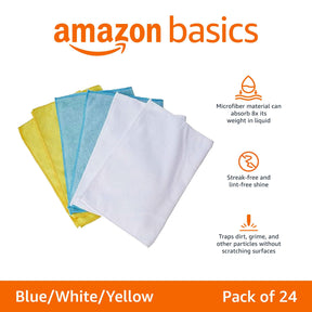 Amazon Basics Microfiber Cleaning Cloths, Lint Free, Absorbent, Streak Free, Non-Abrasive, Reusable and Washable, Pack of 24, Blue/White/Yellow, 16" x 12"