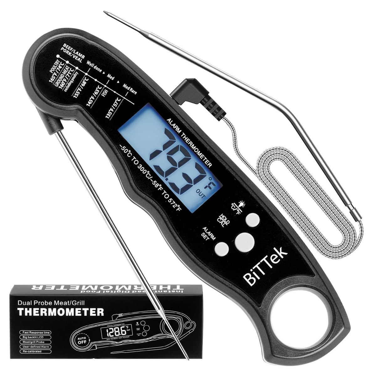 Instant Read Dual Probe Meat Thermometer for Cooking, Fast & Precise Digital Food Thermometer, Backlight, Magnetic, Calibration, Foldable Probe for Deep Fry, Grill, Roasting, Thanksgiving