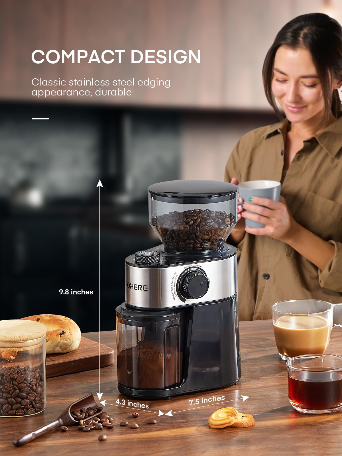 Burr Coffee Grinder Electric, Coffee Bean Grinder with 18 Precise Grind Settings, 14 Cup Automatic Flat Burr Coffee for French Press, Drip Coffee, and Espresso, Stainless Steel, Black