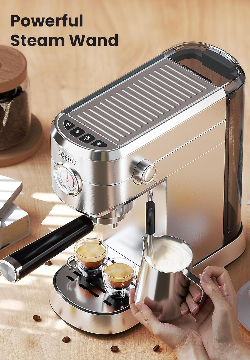 Gevi Espressomaschine 20 Bar, Professionelle Espressomaschine Latte Maschine mit Milchaufschäumer, Edelstahl-Espresso-Kaffeemaschinen für Zuhause, Kompakte Cappuccino-Maschine, Tolle Geschenkidee, Silber