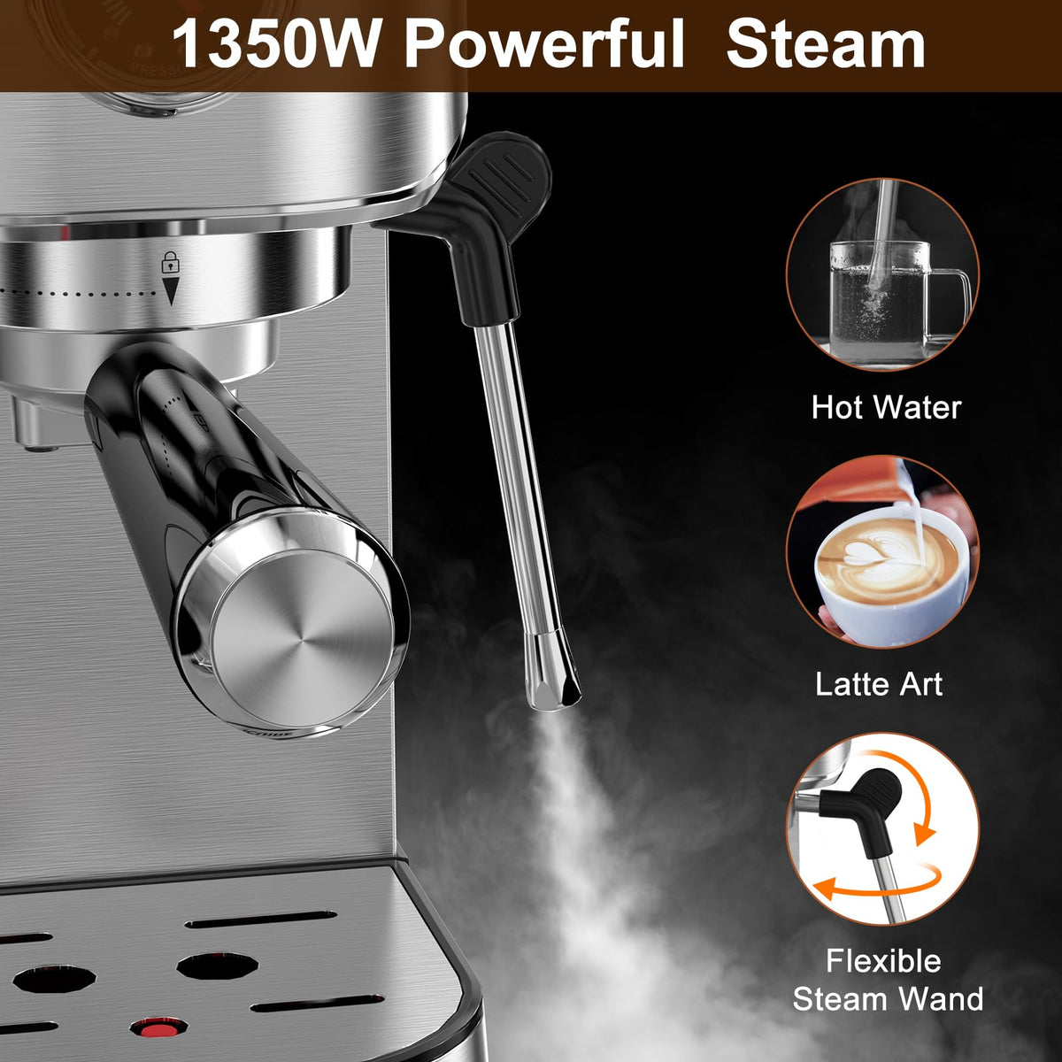 ICUIRE Espressomaschine, 20 Bar kompakte Dampf-Espressomaschine mit Milchaufschäumer, digitalem Touchpanel, 37 oz abnehmbarem Wassertank für Espresso