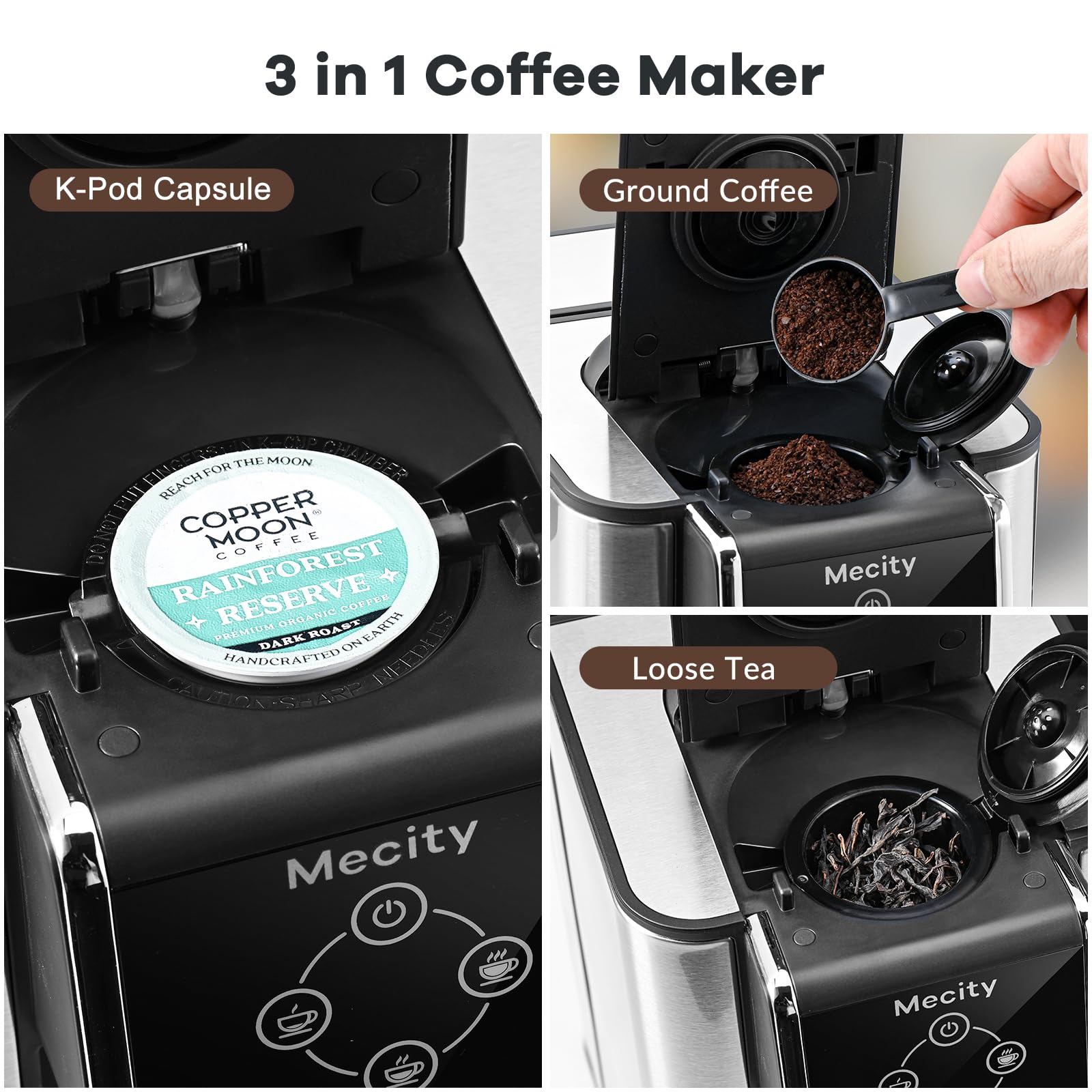 Mecity Kaffeemaschine 3-in-1 Einzelportions-Kaffeemaschine, Kompatibel mit K-Cup-Kapseln, Instant-Kaffeekanne, Teemaschine, 6,8,10 oz Tasse, Abnehmbarer 50 oz Wasserbehälter, 120 V 1150 W