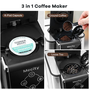 Mecity コーヒーメーカー 3 in 1 シングルサーブコーヒーマシン、Kカップカプセル対応、インスタントコーヒーポット、ティーメーカー、6、8、10オンスカップ、取り外し可能な50オンスウォーターリザーバー、120V 1150W