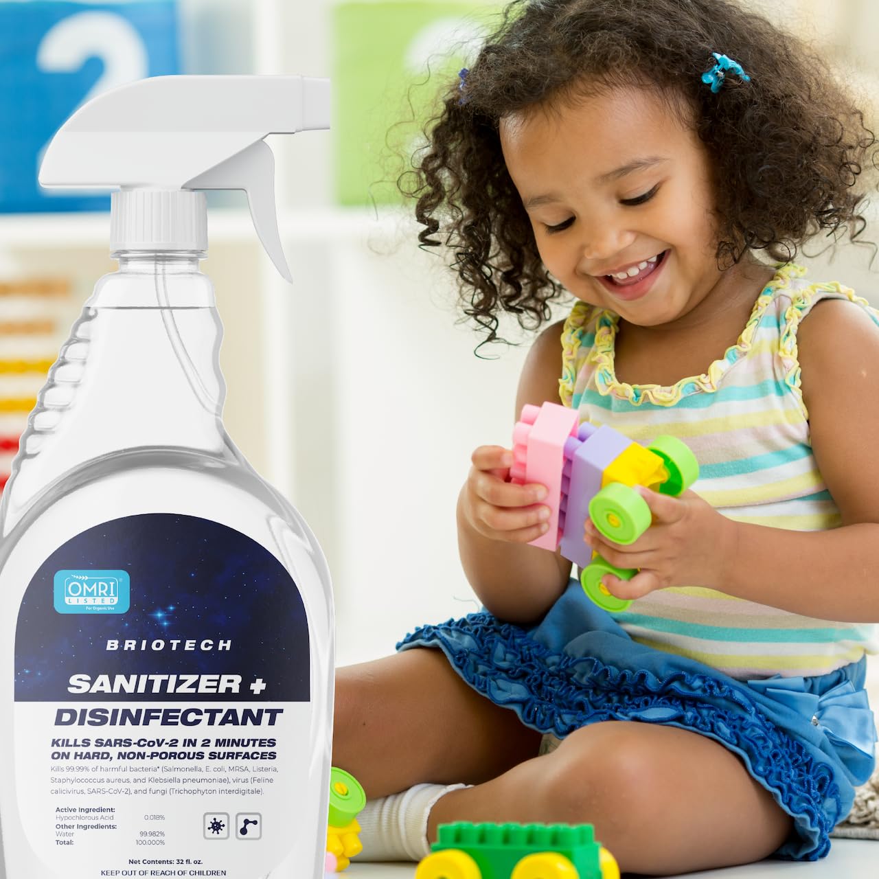 BRIOTECH Sanitizer Disinfectant Hypochlorous Spray, Kills 99.99% of Viruses & Bacteria, Eliminate Odor, Gentle for Nurseries & Play Rooms, Rinse Free Food Contact Surface Sanitizer, 1 Gal Refill