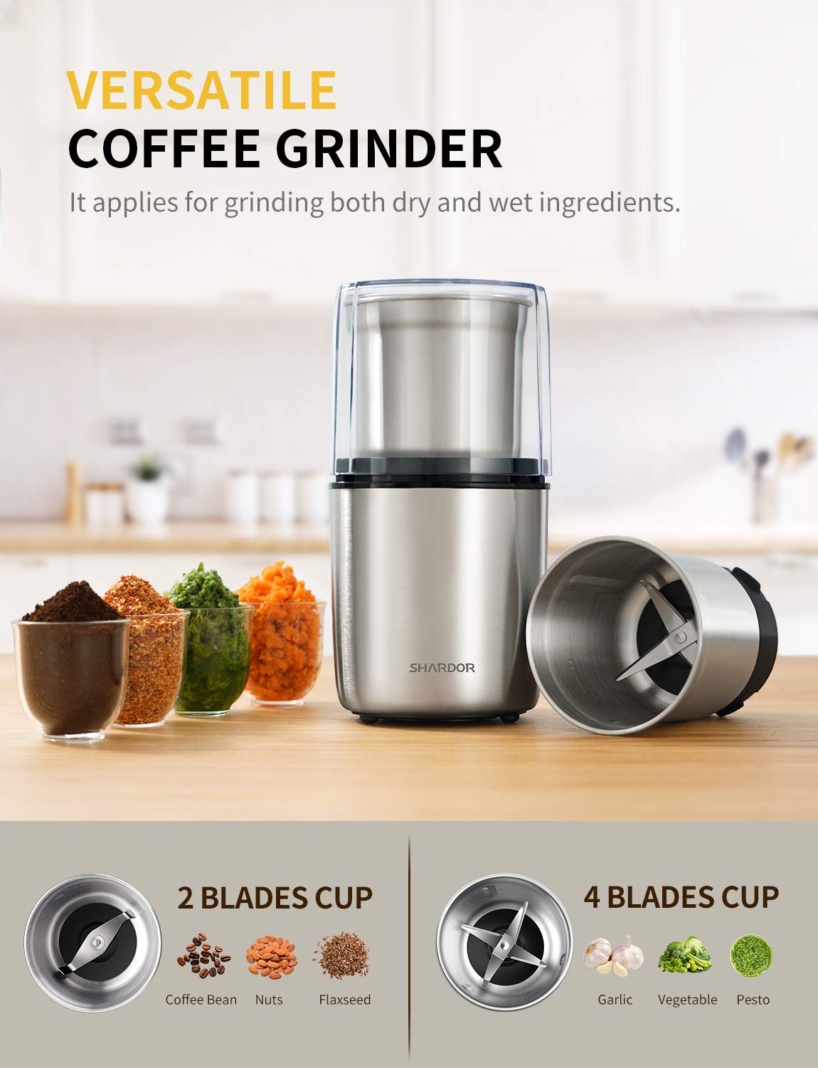 SHARDOR Coffee Grinder Electric Herb/Wet Grinder for Spices and Seeds with 2 Removable Stainless Steel Bowls, Silver