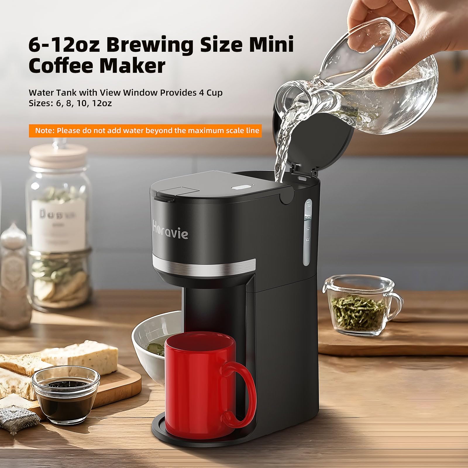 Horavie Mini-Einzelportionskaffeemaschine für K-Cup und gemahlenen Kaffee, Schnellbrüh-Einzeltassen-Kaffeemaschine mit Entkalkungserinnerung und Wasseranzeige, Brühgrößen von 6 bis 12 oz, schwarz