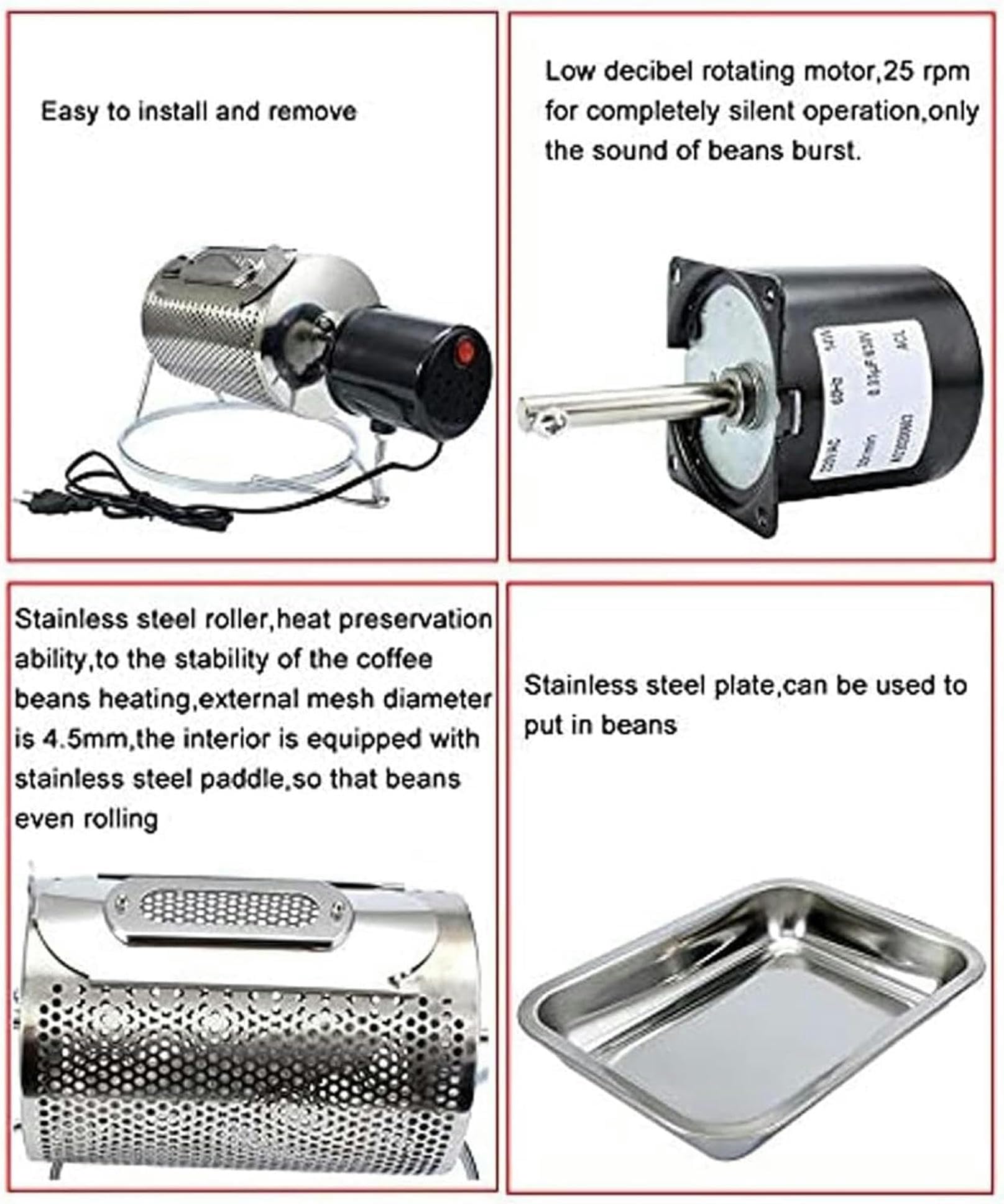 Wzglod Trommel-Kaffeebohnenröster, Kaffeeröstermaschine mit Edelstahlschale, automatische Geschwindigkeitsanpassung, Kaffeeröster-Roller-Bäcker, Verwendung von Backbohnen-Nussprodukten, kein Pulver