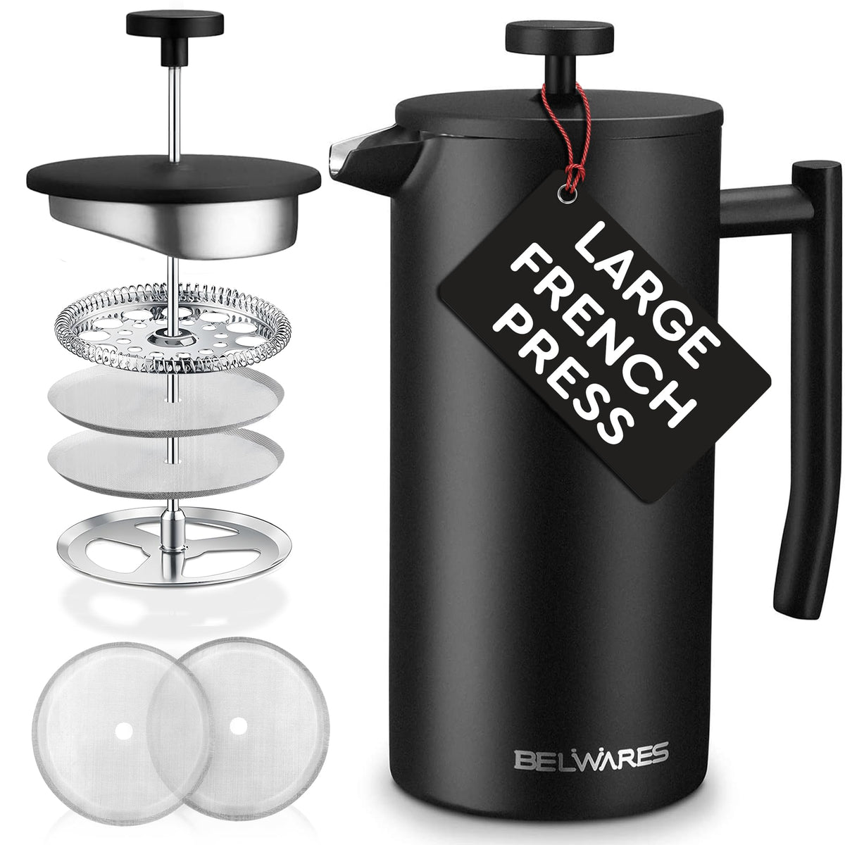 Belwares French Press Kaffeemaschine 50 OZ – Große isolierte Kaffeepresse aus Edelstahl 304 mit Doppelwand und 4-stufigem Filtersystem (Schwarz – 1,5 l)