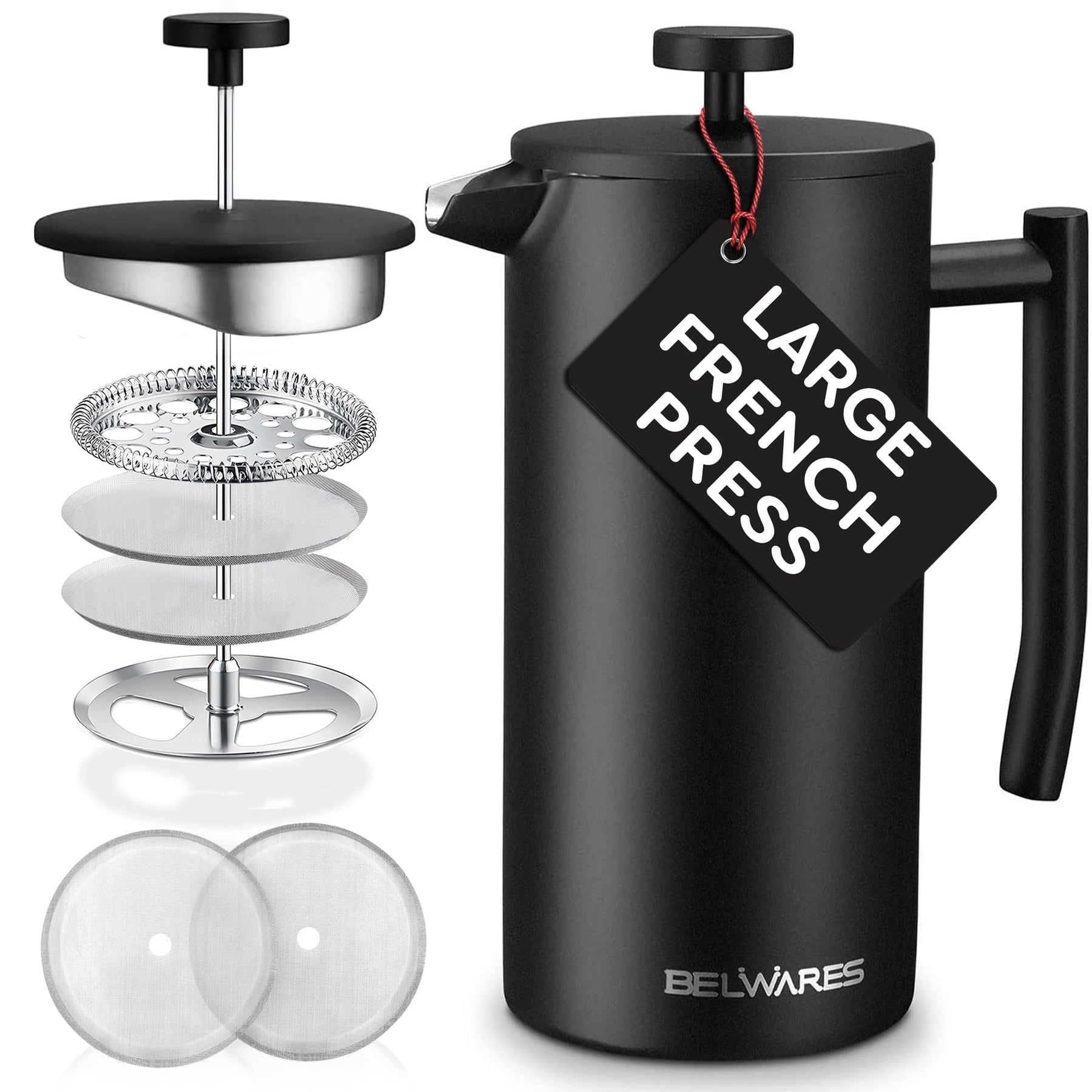 Belwares French Press Coffee Maker 50 OZ - Large Insulated Stainless Steel 304 Coffee Press with Double Wall & 4-Level Filtration System (Black - 1.5L)