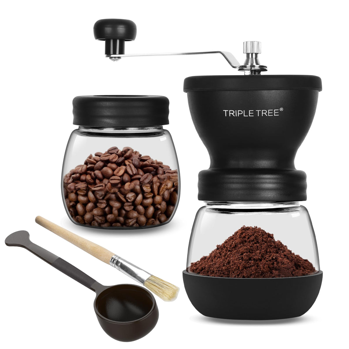 Manual Coffee Grinder with Ceramic Burrs and Lengthen Stainless Steel Handle, Hand Coffee Mill with 2 Glass Jars(11oz each), Brush and Tablespoon Scoop, Coffee Bean Grinder for Home, Camping, Black