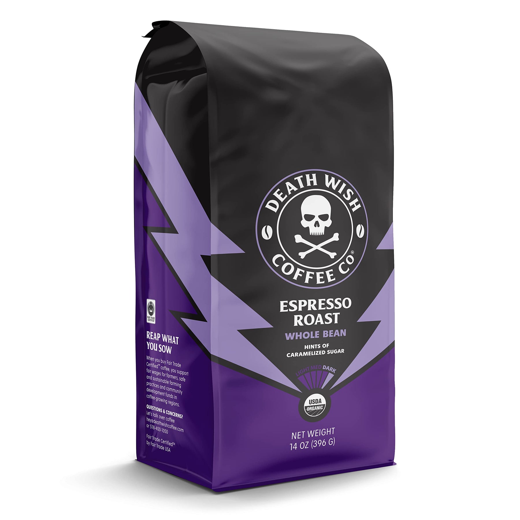 Death Wish Coffee Co. Espresso-Röstung, ganze Bohnen – Bio, Fair Trade, Arabica- und Robusta-Kaffeebohnen, 14 Unzen (1er-Pack)