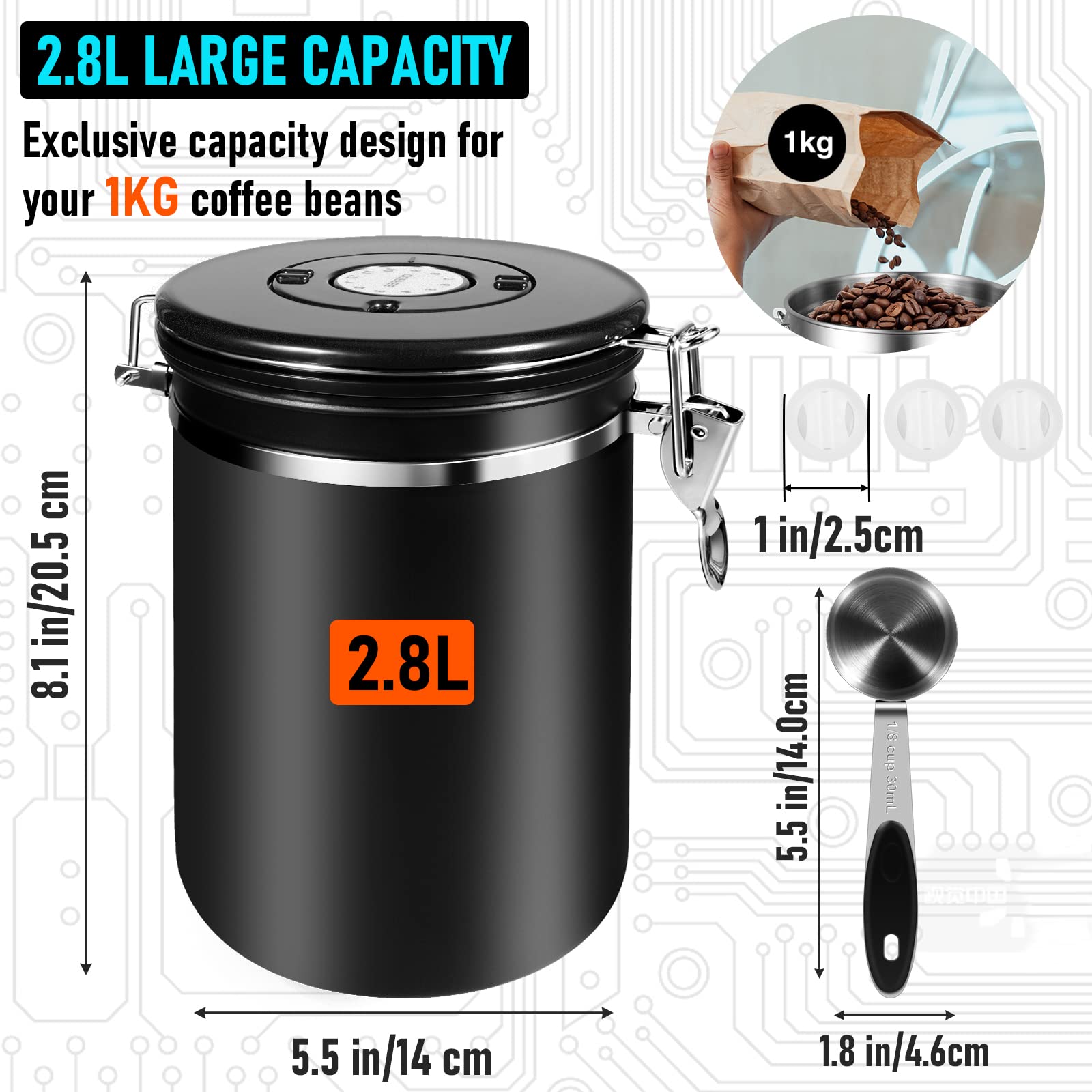 Luftdichte Kaffeedose, 35 oz, groß, 2,2 lbs Kaffee-Aufbewahrungsbehälter, luftdichte Kaffeedose aus Edelstahl mit Messlöffel, Datumsanzeige und CO2-Ablassventil für Bohnen, gemahlenen Kaffee, Tee, Mehl und Zucker, 2,8 l